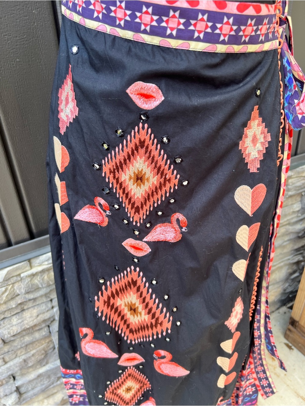 Never Fully Dressed Black Wrap Maxi Dress with Coral and Pink Embroidery - Picture 4 of 10
